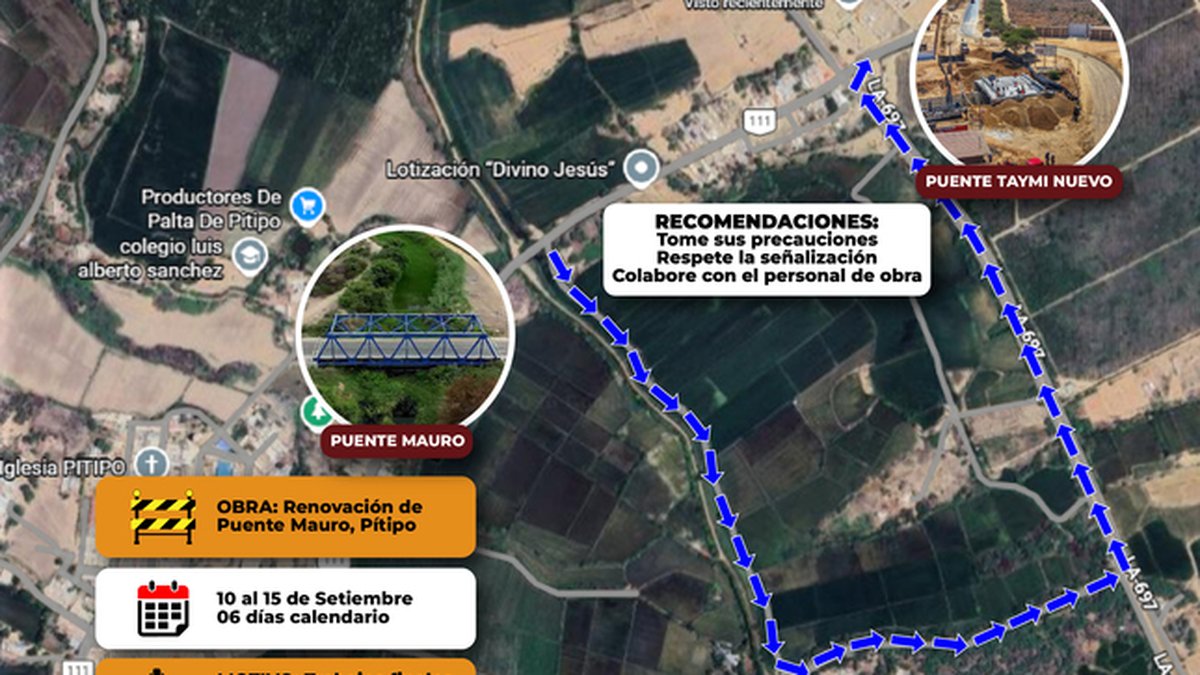 PEOT informa desvío vehicular temporal por trabajos en el Puente Mauro