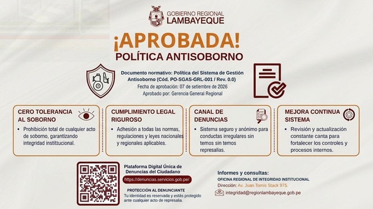 Gobierno Regional Lambayeque aprueba su política antisoborno para fortalecer la Transparencia y la Integridad Pública